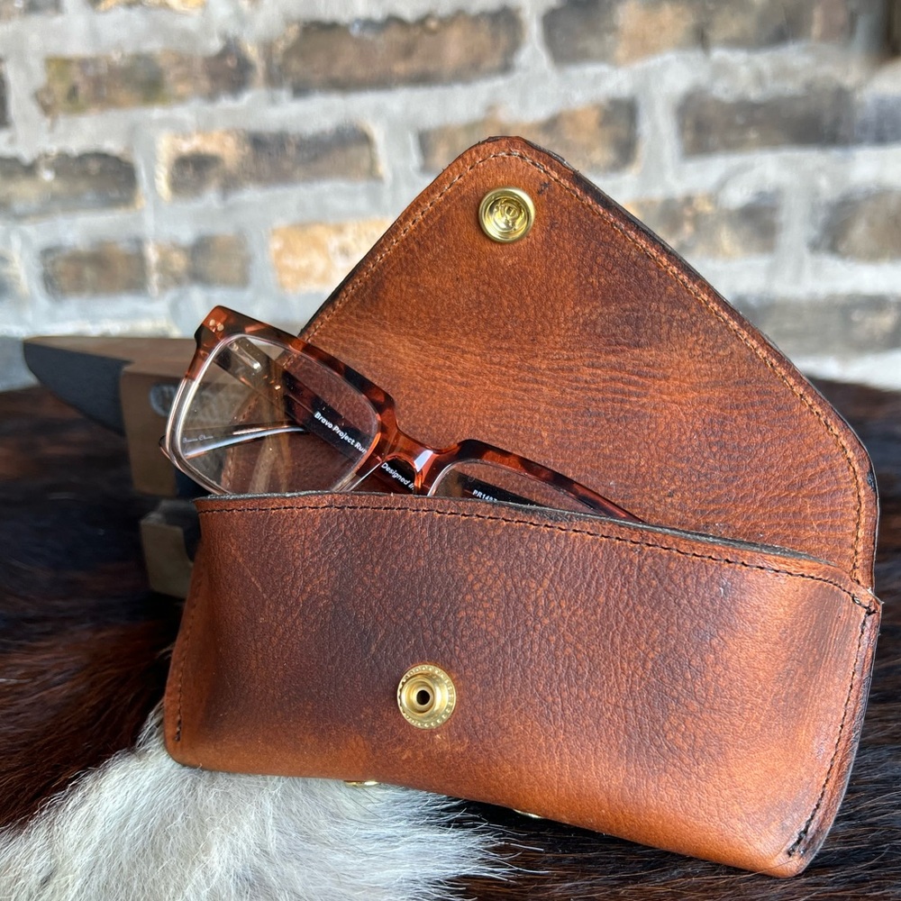 Distressed brown Horween leather glasses case